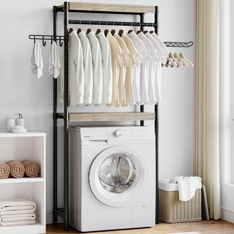Scaffale per lavanderia Garvee da 30" con stendibiancheria, regolabile, a 4 livelli, in legno e acciaio per lavatrice, bagno e lavanderia, salvaspazio, 28 pollici, colore naturale