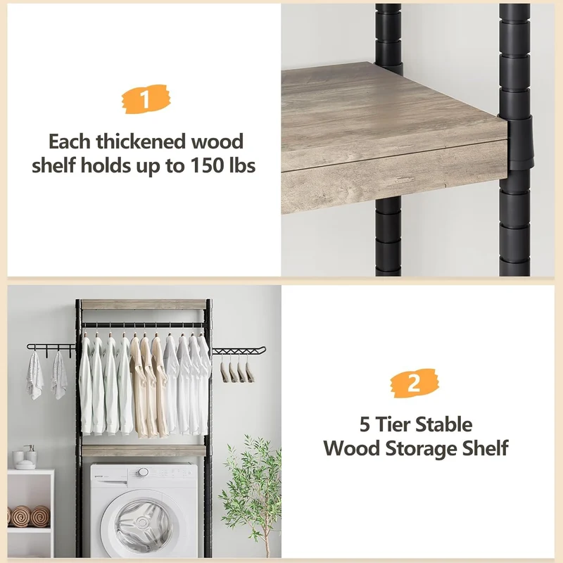 Scaffale per lavanderia Garvee da 30" con stendibiancheria, regolabile, a 4 livelli, in legno e acciaio per lavatrice, bagno e lavanderia, salvaspazio, 28 pollici, colore naturale