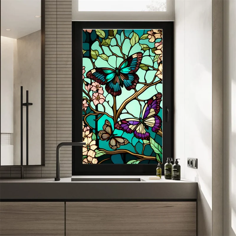 Pellicola per la privacy delle finestre Garvee, motivo floreale a farfalla, rimovibile, protezione UV, per bagno e camera da letto, 45x100 cm, trasparente