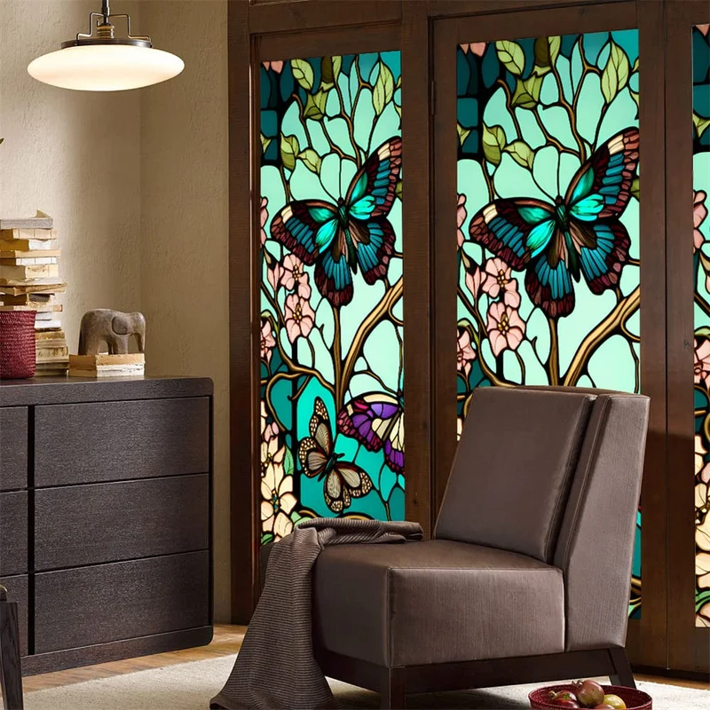 Pellicola per la privacy delle finestre Garvee, motivo floreale a farfalla, rimovibile, protezione UV, per bagno e camera da letto, 45x100 cm, trasparente