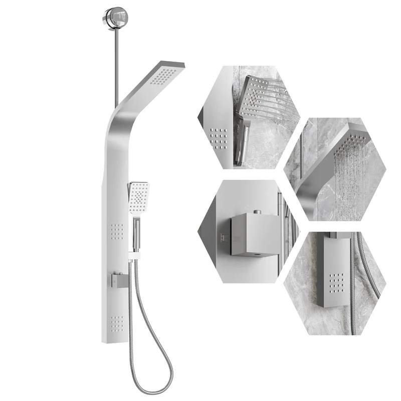 Sistema a torre con pannello doccia Garvee con pioggia e cascata, 2 getti laterali, doccetta a 3 funzioni, acciaio inossidabile, nichel spazzolato, montaggio a parete, bagno moderno