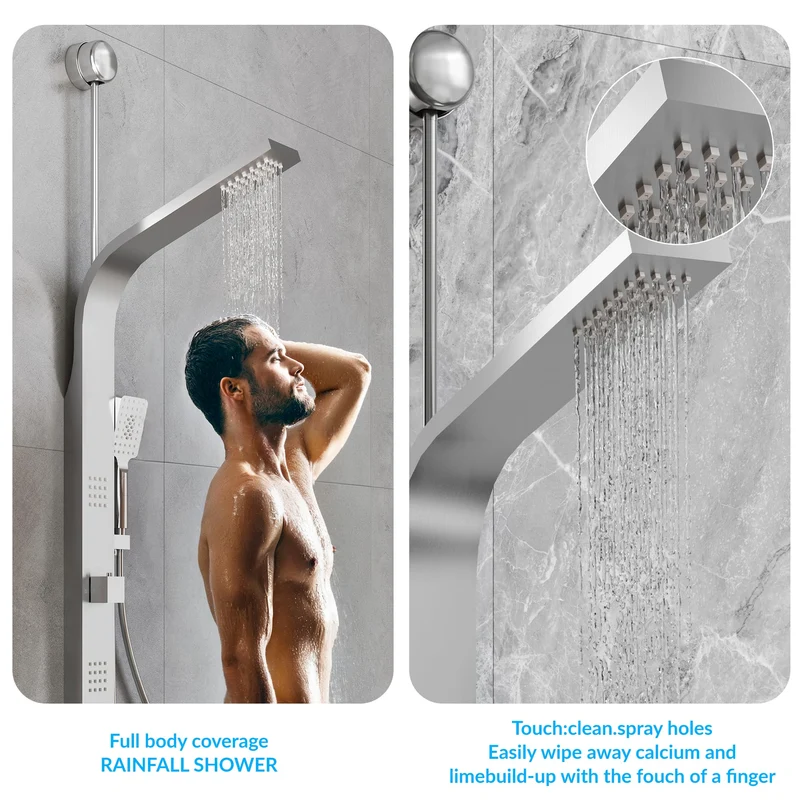 Sistema a torre con pannello doccia Garvee con pioggia e cascata, 2 getti laterali, doccetta a 3 funzioni, acciaio inossidabile, nichel spazzolato, montaggio a parete, bagno moderno