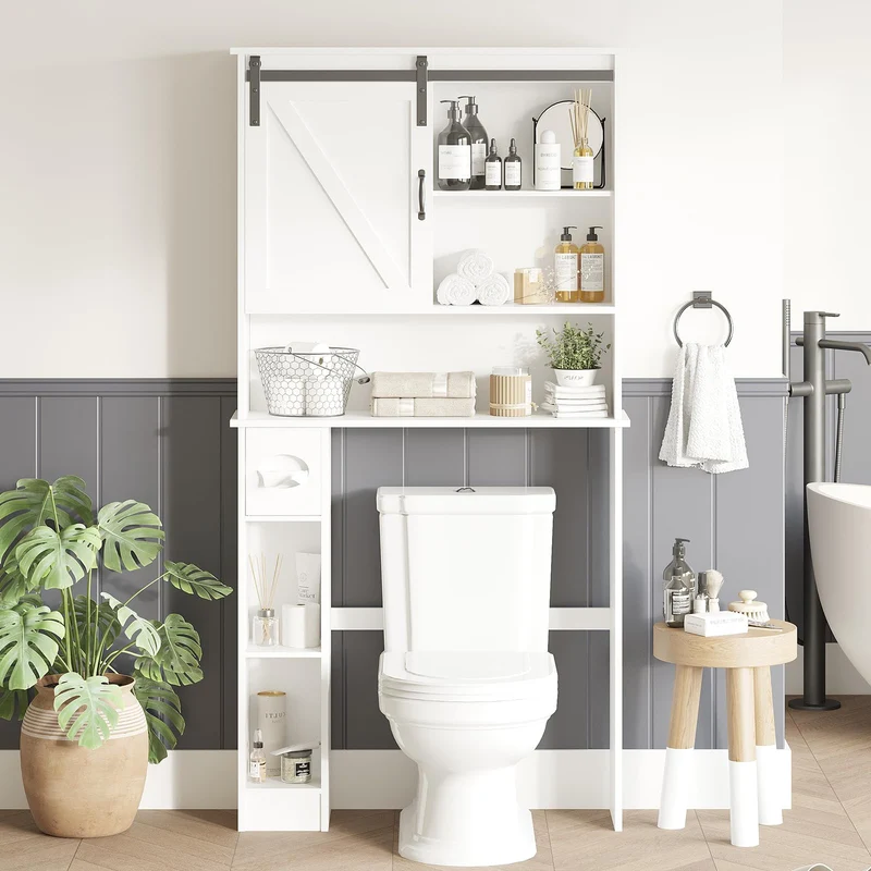 Mobiletto portaoggetti sopra il WC Garvee con anta scorrevole, ripiano regolabile, porta carta igienica, bianco, legno, salvaspazio per bagno e lavanderia