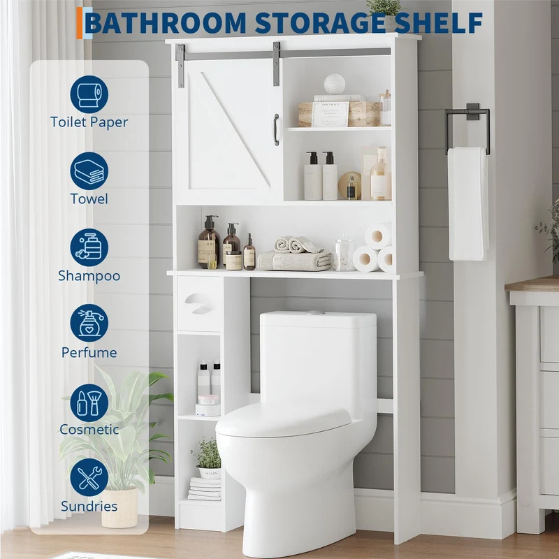 Mobiletto portaoggetti sopra il WC Garvee con anta scorrevole, ripiano regolabile, porta carta igienica, bianco, legno, salvaspazio per bagno e lavanderia