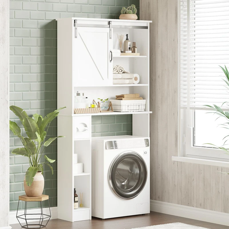 Mobiletto portaoggetti sopra il WC Garvee con anta scorrevole, ripiano regolabile, porta carta igienica, bianco, legno, salvaspazio per bagno e lavanderia