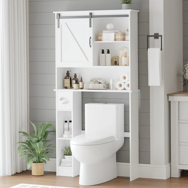 Mobiletto portaoggetti sopra il WC Garvee con anta scorrevole, ripiano regolabile, porta carta igienica, bianco, legno, salvaspazio per bagno e lavanderia