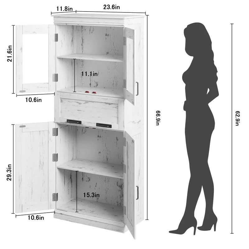 Mobiletto da bagno alto Garvee da 67" con 4 ante e cassetto in vetro per bagno e cucina, bianco anticato, robusto e moderno, ripiani regolabili, MDF