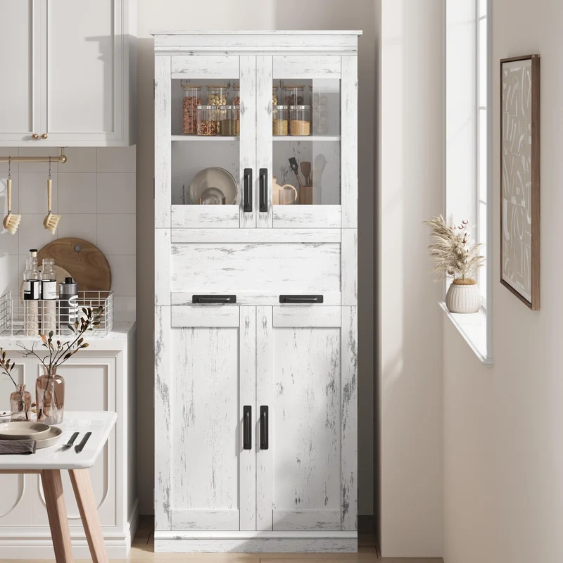 Mobiletto da bagno alto Garvee da 67" con 4 ante e cassetto in vetro per bagno e cucina, bianco anticato, robusto e moderno, ripiani regolabili, MDF