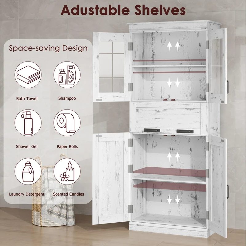 Mobiletto da bagno alto Garvee da 67" con 4 ante e cassetto in vetro per bagno e cucina, bianco anticato, robusto e moderno, ripiani regolabili, MDF