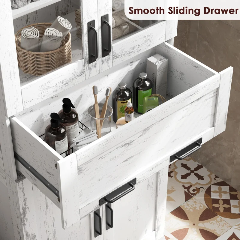 Mobiletto da bagno alto Garvee da 67" con 4 ante e cassetto in vetro per bagno e cucina, bianco anticato, robusto e moderno, ripiani regolabili, MDF