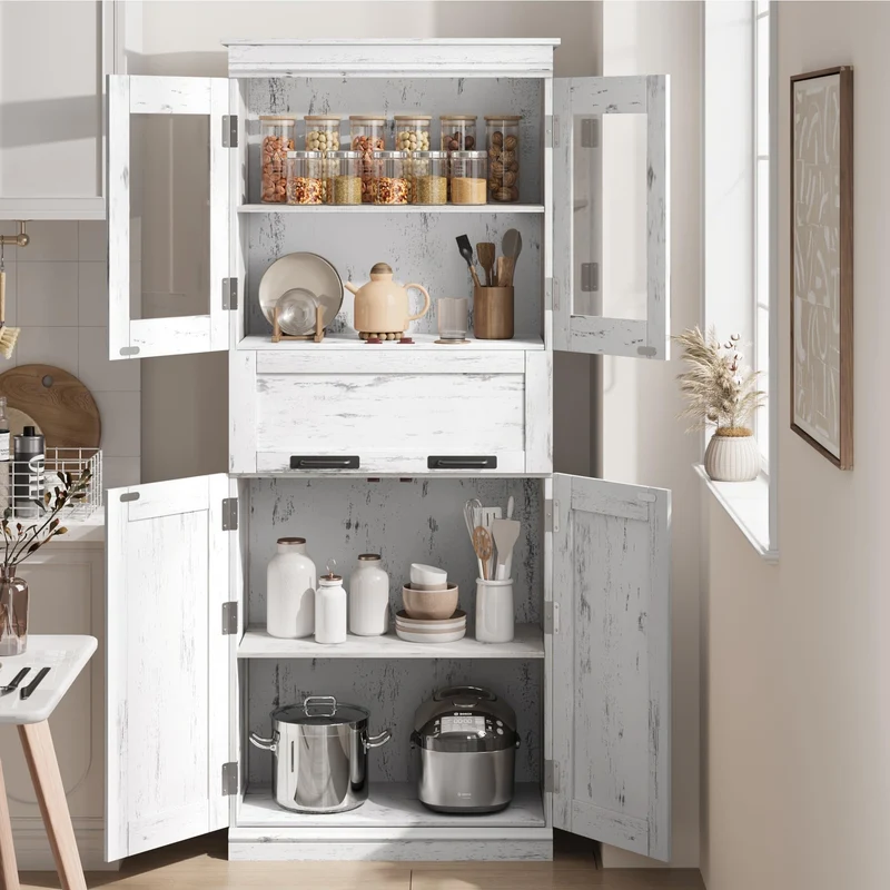 Mobiletto da bagno alto Garvee da 67" con 4 ante e cassetto in vetro per bagno e cucina, bianco anticato, robusto e moderno, ripiani regolabili, MDF