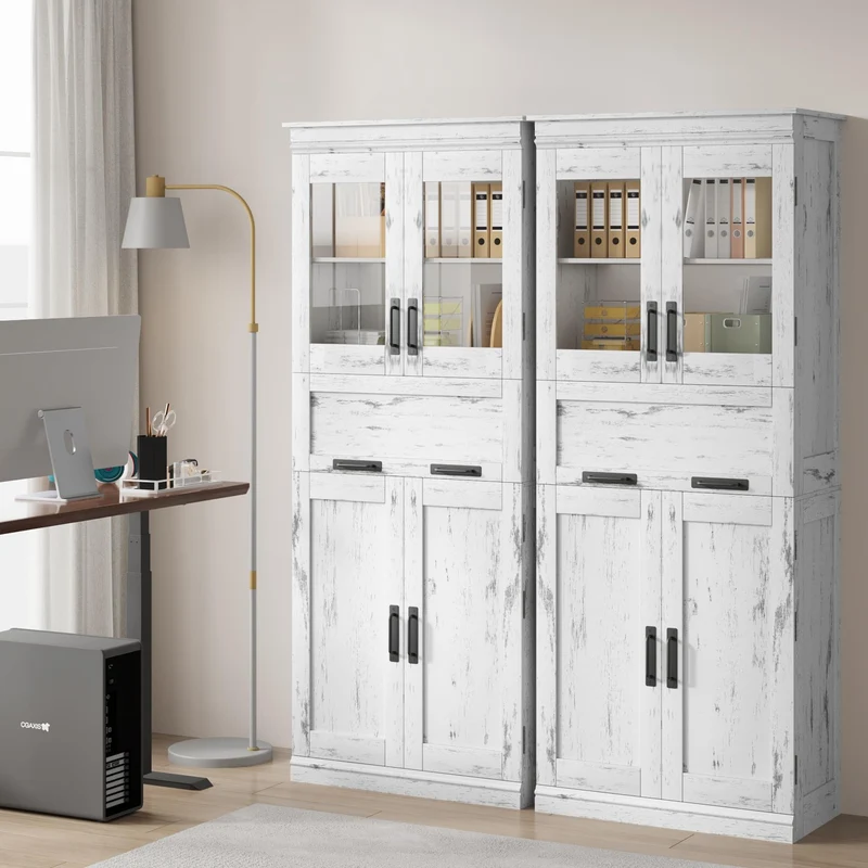 Mobiletto da bagno alto Garvee da 67" con 4 ante e cassetto in vetro per bagno e cucina, bianco anticato, robusto e moderno, ripiani regolabili, MDF