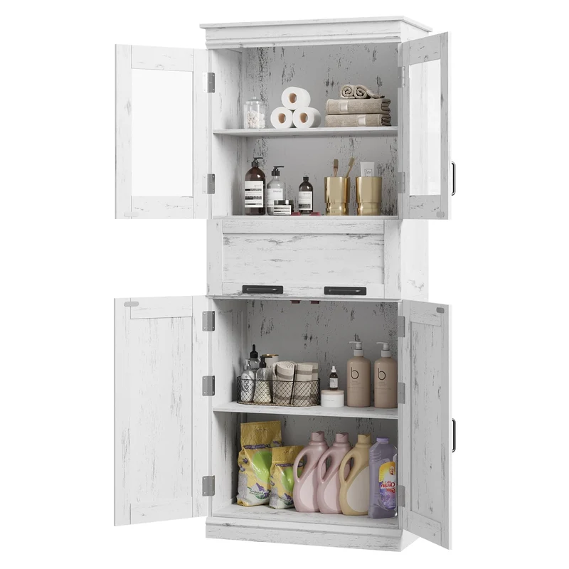 Mobiletto da bagno alto Garvee da 67" con 4 ante e cassetto in vetro per bagno e cucina, bianco anticato, robusto e moderno, ripiani regolabili, MDF