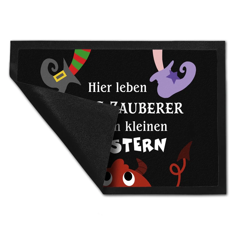 Monster Fußmatte in 35x50 cm mit Spruch Hier leben Hexe & Zauberer