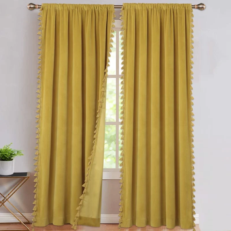 Tende in velluto giallo Garvee 106.7×243.8 cm oscuranti insonorizzate 100% poliestere Boho con nappe per soggiorno e camera da letto