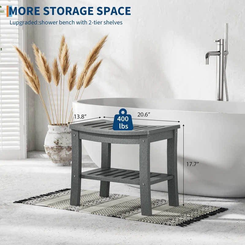 Panca da doccia Garvee in HDPE con ripiano per bagno e vasca, effetto legno, impermeabile, facile da pulire