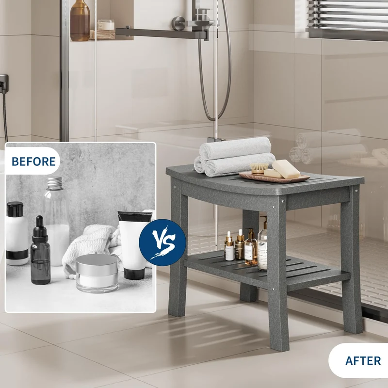 Panca da doccia Garvee in HDPE con ripiano per bagno e vasca, effetto legno, impermeabile, facile da pulire