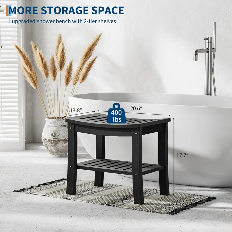 Panca da doccia Garvee in HDPE con ripiano per bagno e vasca, nera, effetto legno, impermeabile, antigraffio