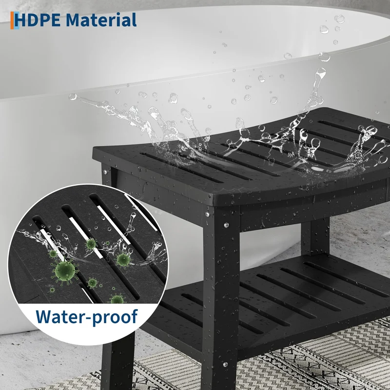 Panca da doccia Garvee in HDPE con ripiano per bagno e vasca, nera, effetto legno, impermeabile, antigraffio