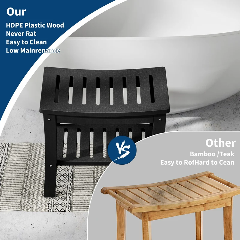 Panca da doccia Garvee in HDPE con ripiano per bagno e vasca, nera, effetto legno, impermeabile, antigraffio