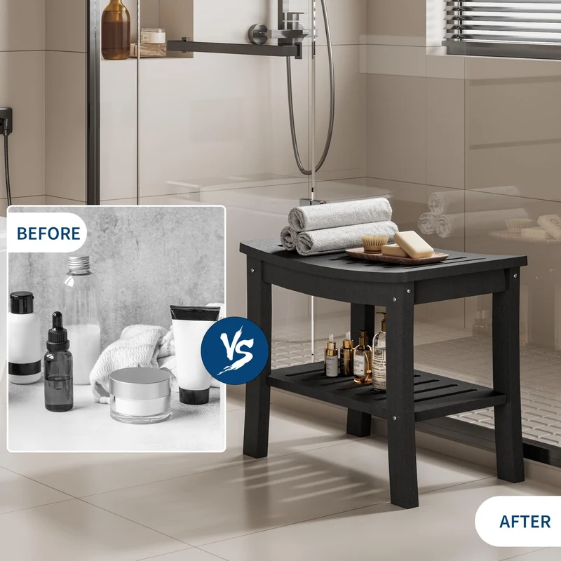 Panca da doccia Garvee in HDPE con ripiano per bagno e vasca, nera, effetto legno, impermeabile, antigraffio