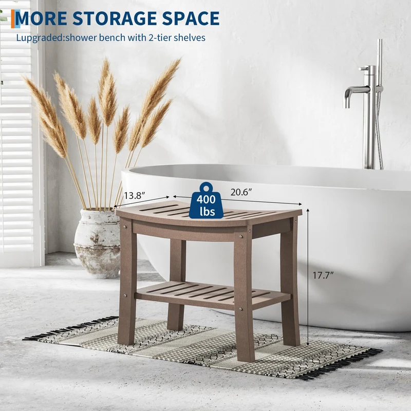 Panca da doccia Garvee in HDPE con ripiano per bagno e vasca, effetto legno, impermeabile, antigraffio, versatile