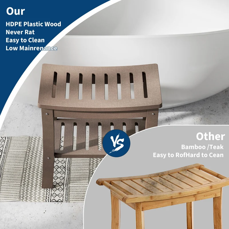 Panca da doccia Garvee in HDPE con ripiano per bagno e vasca, effetto legno, impermeabile, antigraffio, versatile