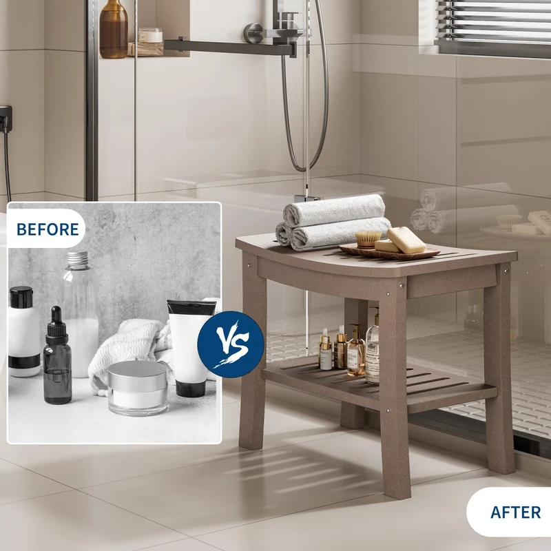 Panca da doccia Garvee in HDPE con ripiano per bagno e vasca, effetto legno, impermeabile, antigraffio, versatile