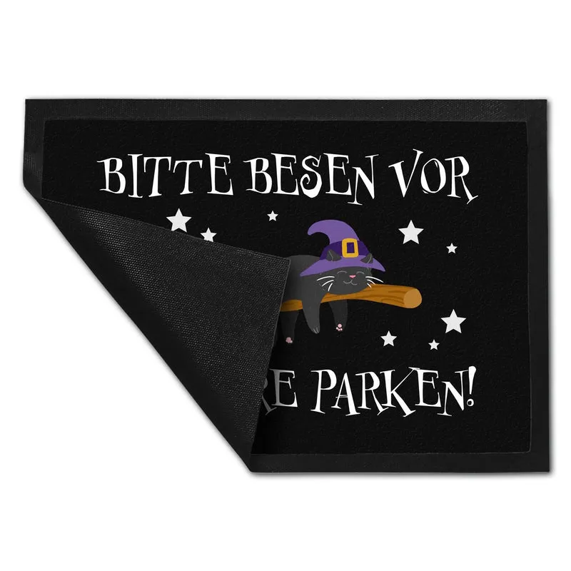 Hexen-Katze auf Besen Fußmatte Bitte Besen vor der Türe parken