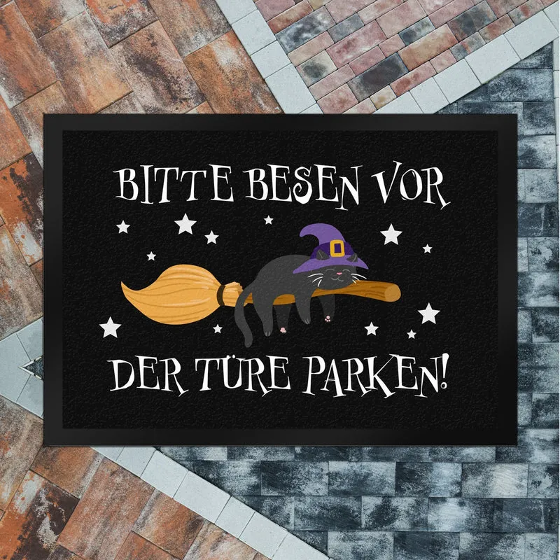 Hexen-Katze auf Besen Fußmatte Bitte Besen vor der Türe parken