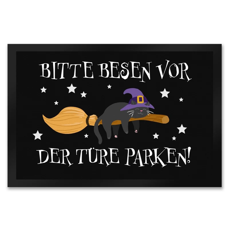 Hexen-Katze auf Besen Fußmatte Bitte Besen vor der Türe parken