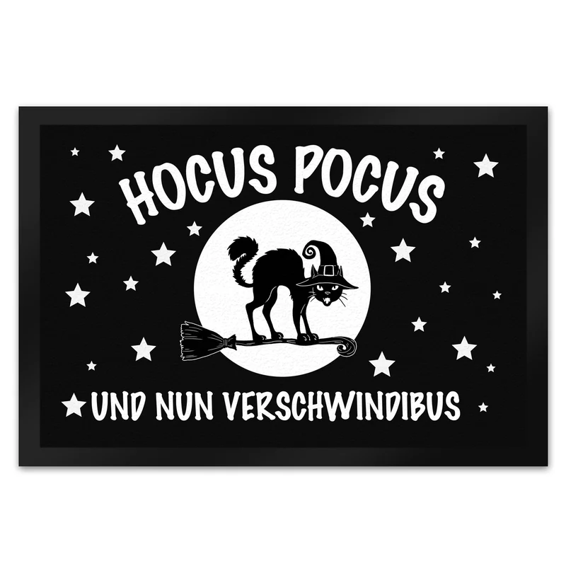 Schwarze Katze mit Zauberspruch Fußmatte - Hocus Pocus Verschwindibus