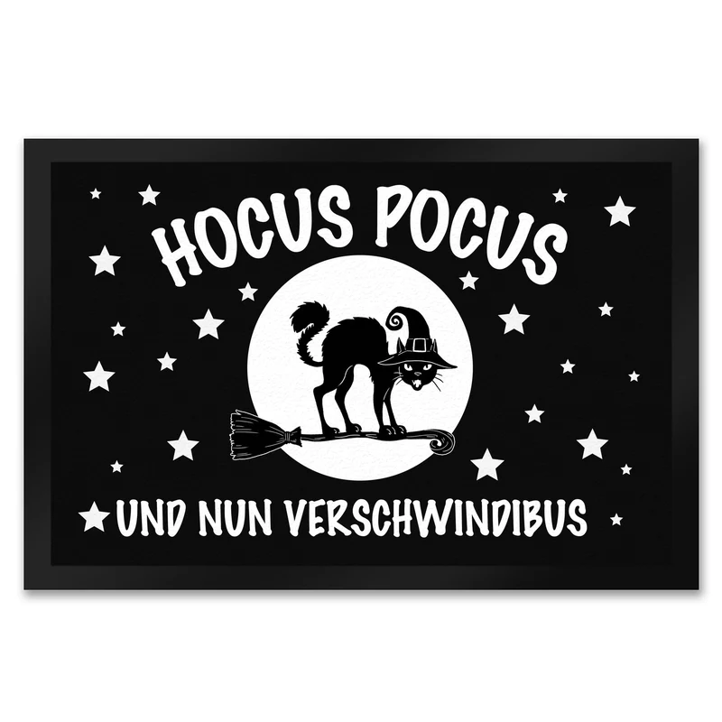 Schwarze Katze mit Zauberspruch Fußmatte - Hocus Pocus Verschwindibus