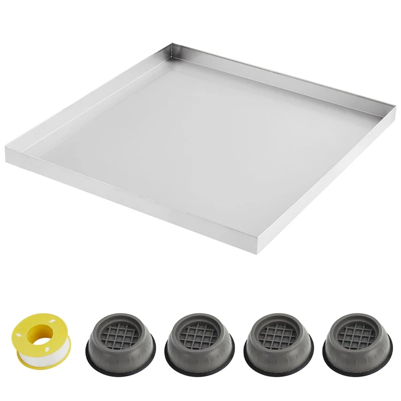 Vassoio raccogligocce per lavatrice Garvee 24 x 24 pollici - Acciaio inossidabile 304, foro di scarico, adattatore per tubo flessibile, piedini antivibrazione, compatto e robusto