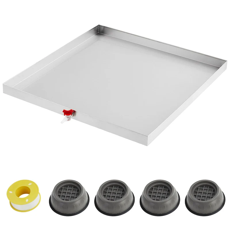 Vassoio raccogli gocce per lavatrice Garvee 32 x 30 pollici - Acciaio inossidabile 304, foro di scarico, adattatore per tubo flessibile, piedini antivibrazione, compatto e robusto