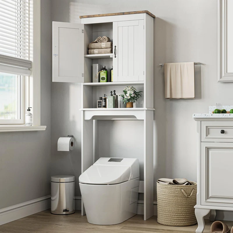 Mensola da bagno Garvee sopra il WC, 66 pollici di altezza, doppie ante, ripiani regolabili, legno, bianco, salvaspazio