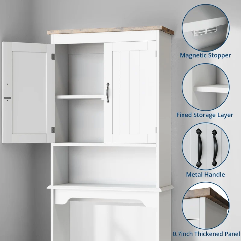 Mensola da bagno Garvee sopra il WC, 66 pollici di altezza, doppie ante, ripiani regolabili, legno, bianco, salvaspazio