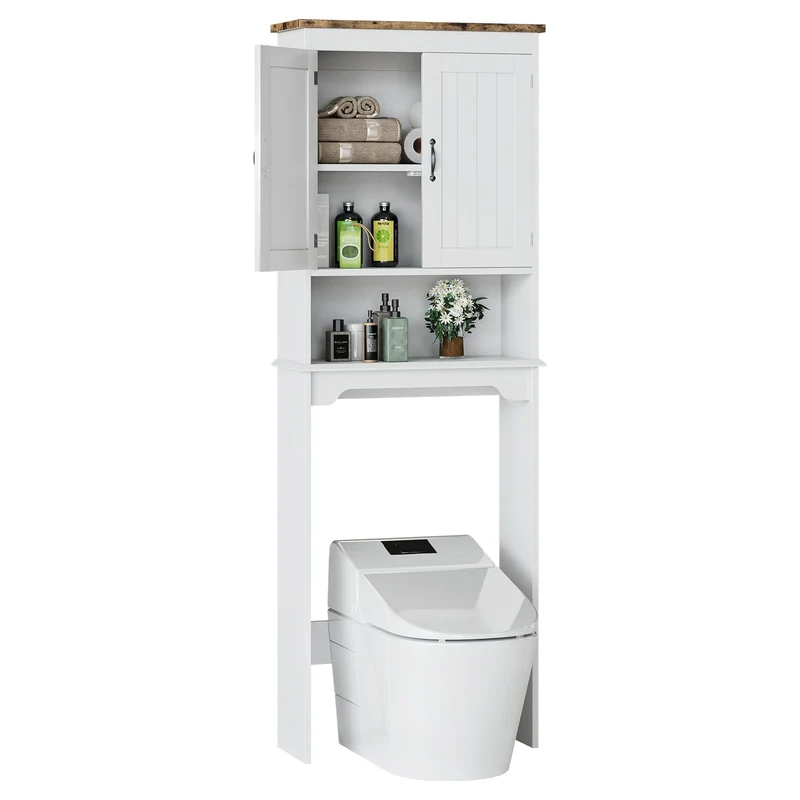 Mensola da bagno Garvee sopra il WC, 66 pollici di altezza, doppie ante, ripiani regolabili, legno, bianco, salvaspazio
