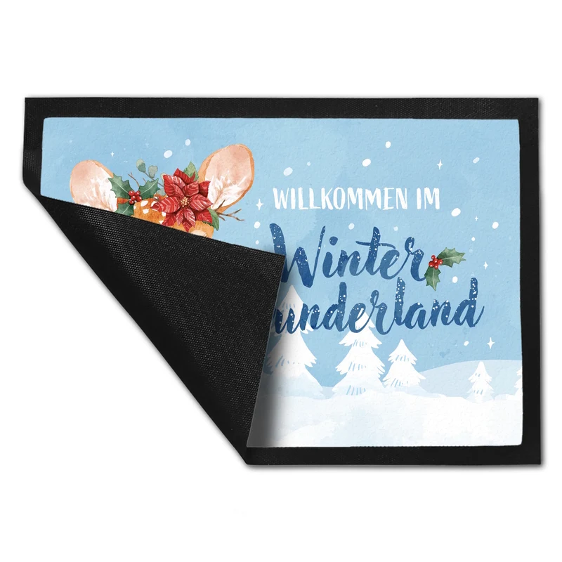 Rehkitz Fußmatte in 35x50 cm mit Spruch Willkommen im Winterwunderland