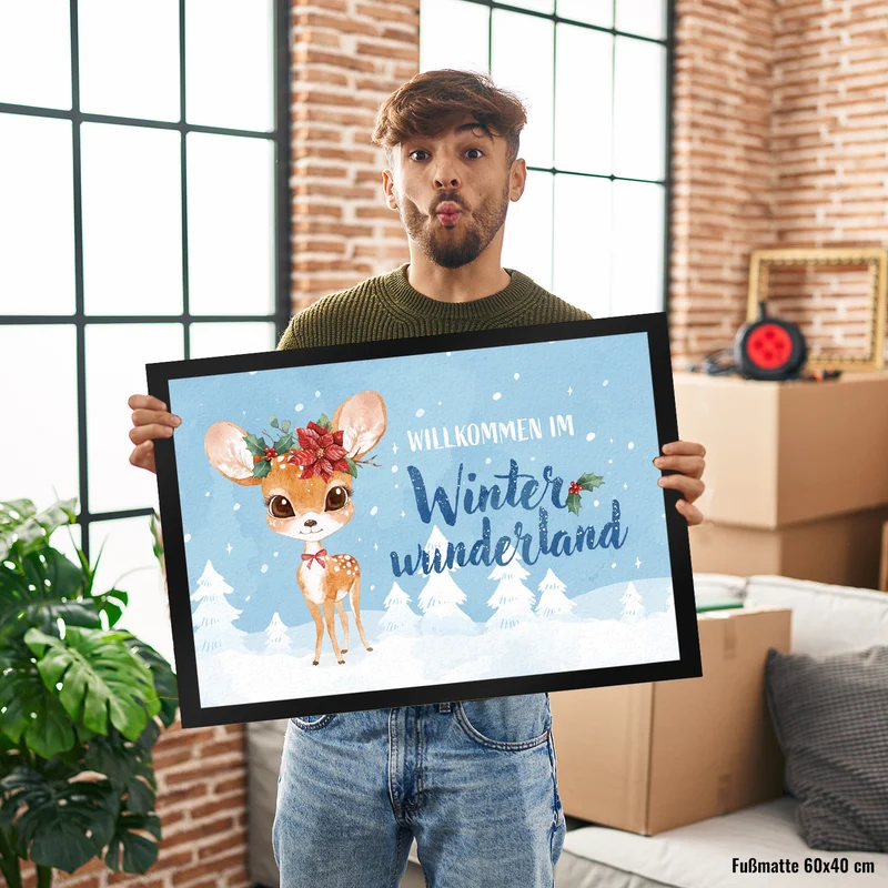 Rehkitz Fußmatte in 35x50 cm mit Spruch Willkommen im Winterwunderland