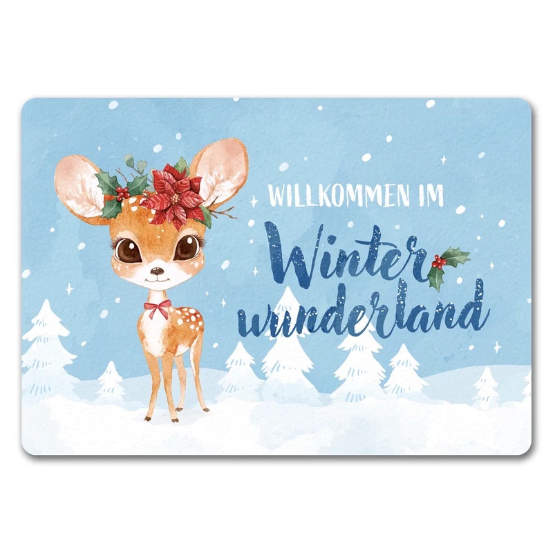 Rehkitz Fußmatte in 35x50 cm mit Spruch Willkommen im Winterwunderland