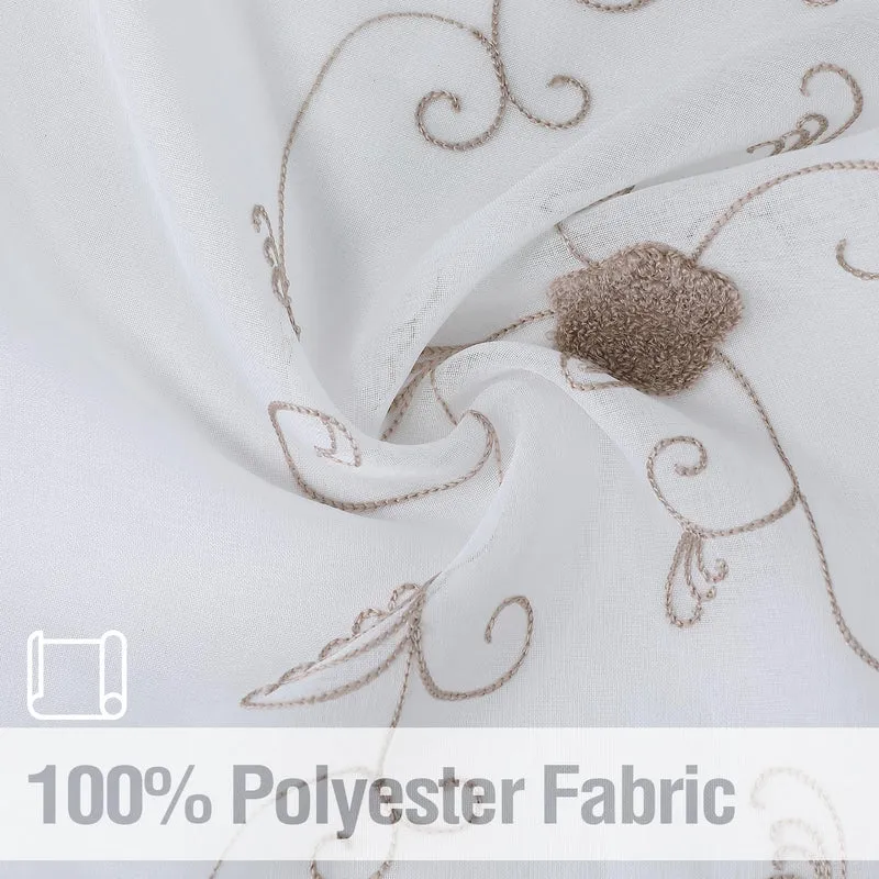 Tende trasparenti Garvee, tende da cucina bianche con ricamo tortora, motivo floreale, poliestere leggermente trasparente, 2 pannelli, 26"x36" per soggiorno, camera da letto, bar