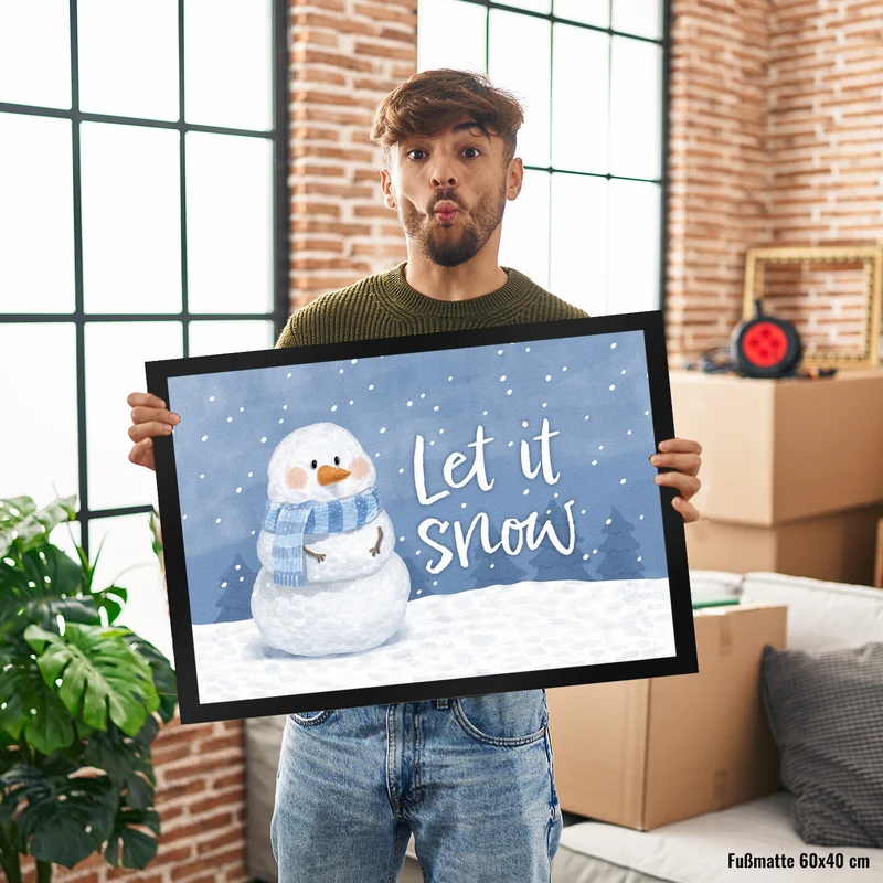 Schneemann im Wintersturm Fußmatte in 35x50 cm mit Spruch Let it snow