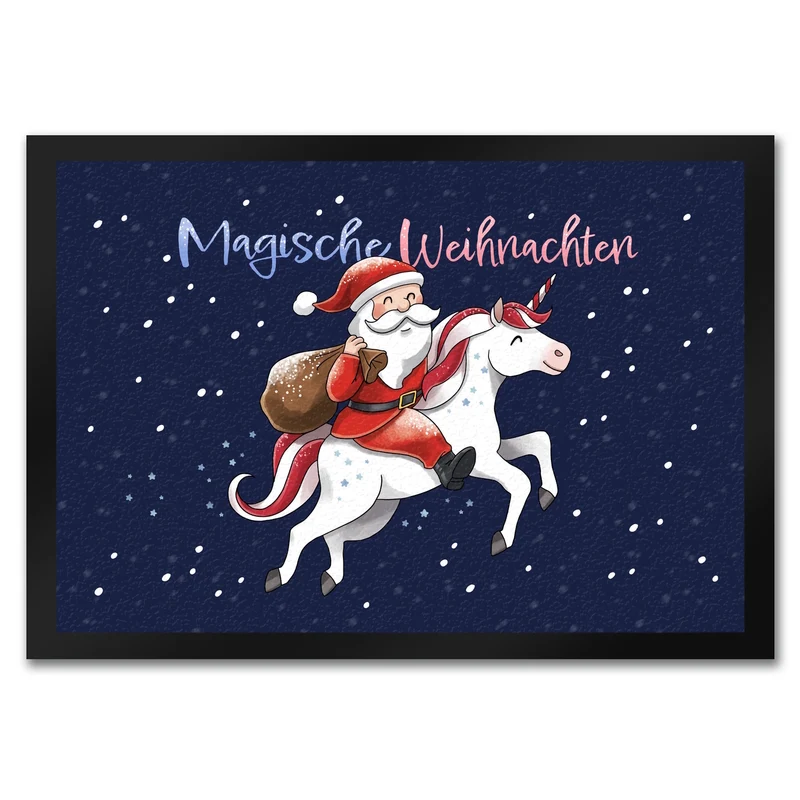 Weihnachtsmann auf Einhorn Fußmatte in 35x50 cm mit Spruch Magische Weihnachten