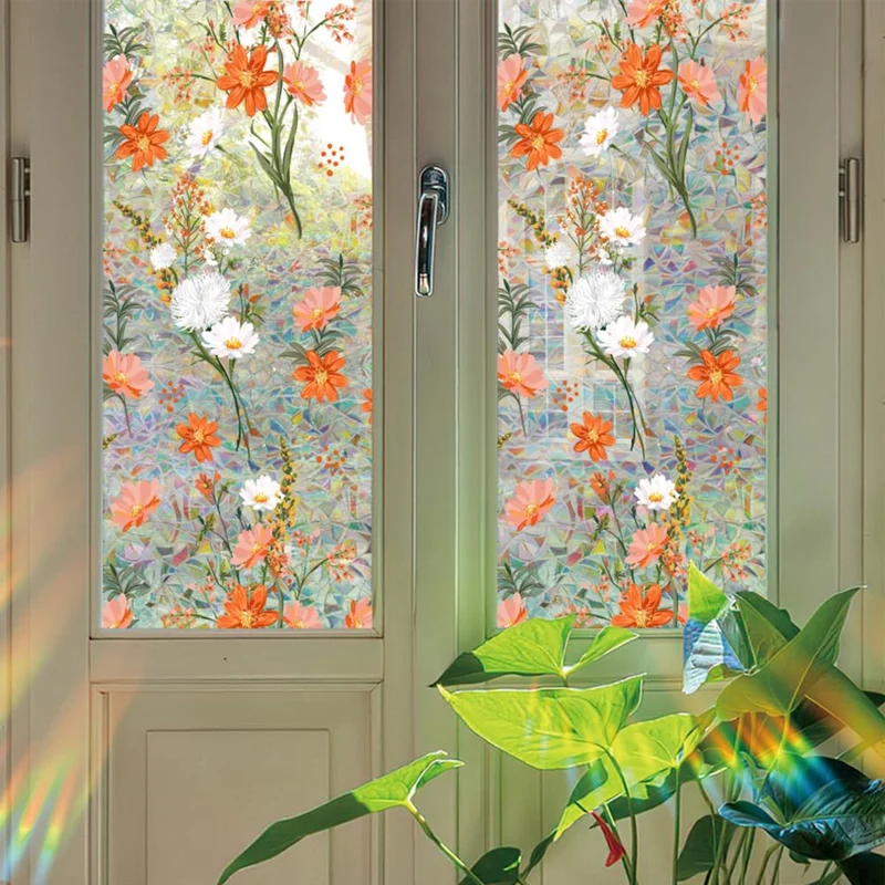 Garvee Pellicola Privacy Finestra Fiore Vetro Colorato Blocca UV 96% Riutilizzabile Adesivo Statico Bagno Soggiorno 39x17in