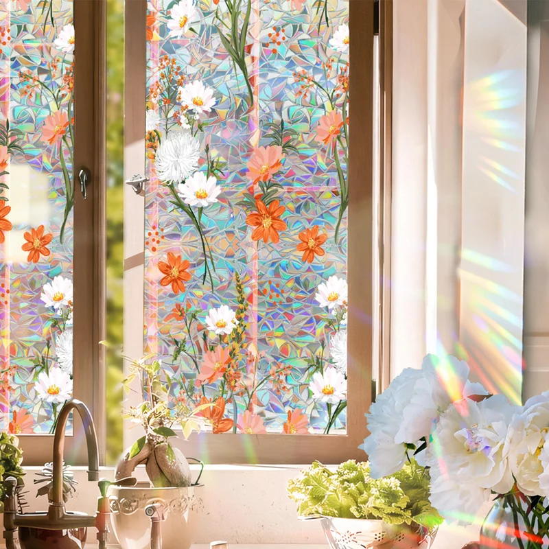 Garvee Pellicola Privacy Finestra Fiore Vetro Colorato Blocca UV 96% Riutilizzabile Adesivo Statico Bagno Soggiorno 39x17in