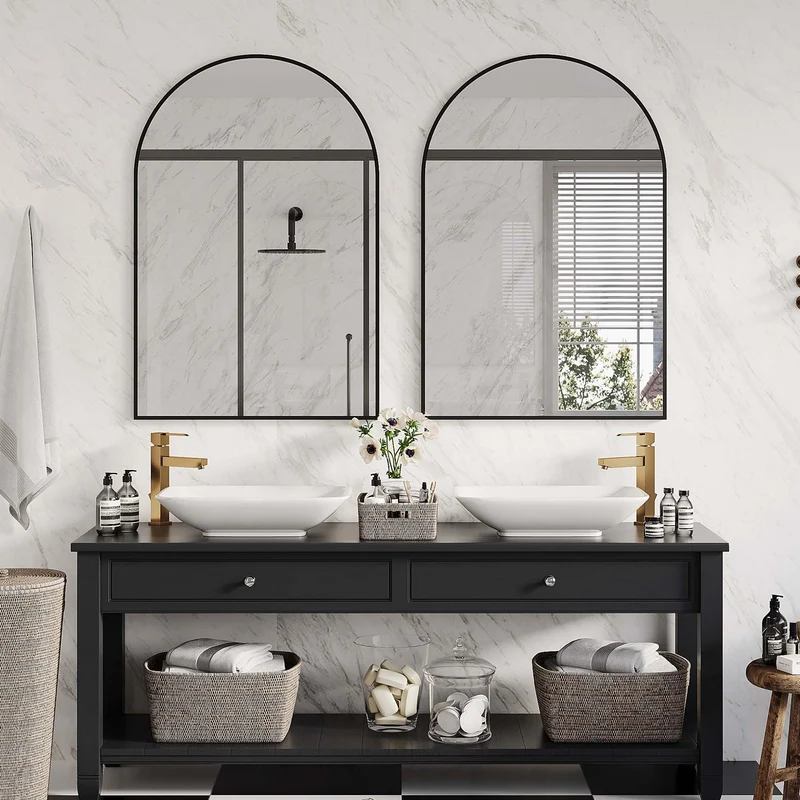 Specchio da parete ad arco Garvee 30x40" con cornice in metallo ad arco, lente antideflagrante, specchio da bagno in lega di alluminio nero