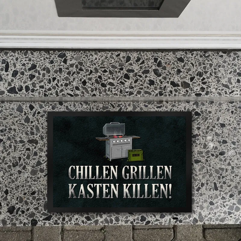 Chillen, grillen, Kasten killen Fußmatte mit Grill Motiv
