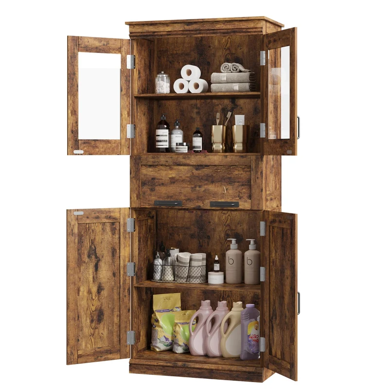 Mobiletto alto da bagno Garvee con ante in vetro, ripiani regolabili, cassetto per bagno e cucina, 23,6"x11,8"x66,9", marrone rustico