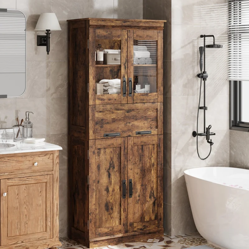 Mobiletto alto da bagno Garvee con ante in vetro, ripiani regolabili, cassetto per bagno e cucina, 23,6"x11,8"x66,9", marrone rustico